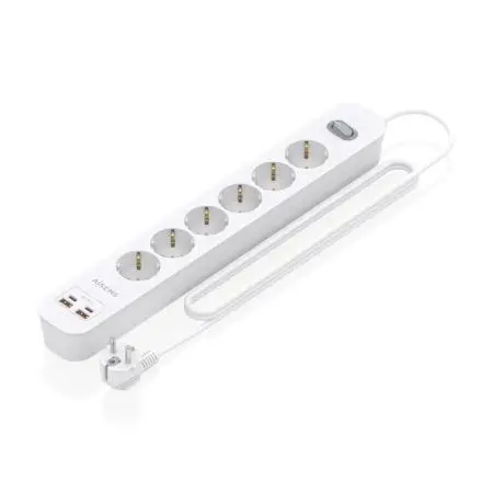 Aisens Regleta 6 Tomas Schuko con 2xUSB-C, 2xUSB-A, 1.4m, Interruptor LED, Power Delivery, Qualcomm 3.0, Blanco