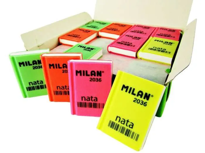 Milan Nata 2036 Goma de Borrar Rectangular Suave Diseño Libro Colores Fluorescentes