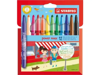 Stabilo Power Max Pack De 12 Rotuladores De Punta Gruesa - Trazo 3Mm - Tinta Lavable - No Se Seca - Colores Surtidos