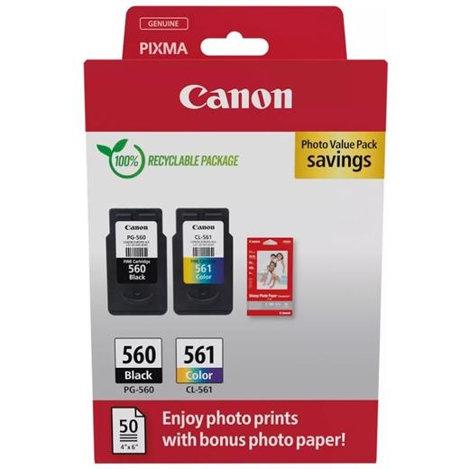 Canon Tinta Ecopack Bk+C/M/Y + 50H Papel Fotográfico 10X15 Brillante Gp 501 Pixma Ts 5350/5350A/5350I/5351/5351A - Pg 560 + Cl 561