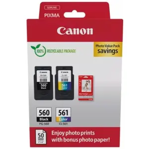 Canon PG560/CL561 Pack de 2 Cartuchos de Tinta Originales y Papel Fotográfico GP-501
