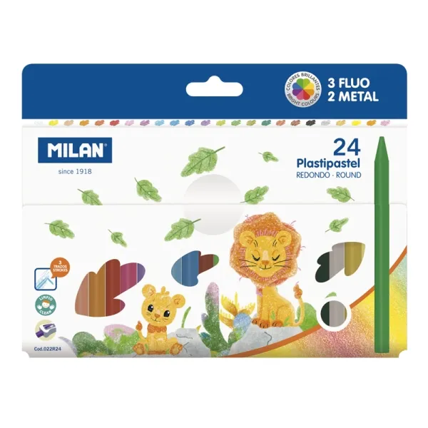 Milan Pack de 24 Ceras Redondas de Colores - 3 Fluo y 2 Metal Surtidos