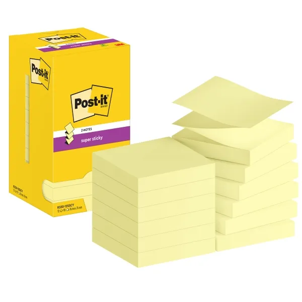 Post-It Super Sticky Pack De 12 Blocs De 90 Notas Adhesivas Reposicionables Zig-Zag 76X76Mm - Forma Cuadrada - Color Amarillo Claro