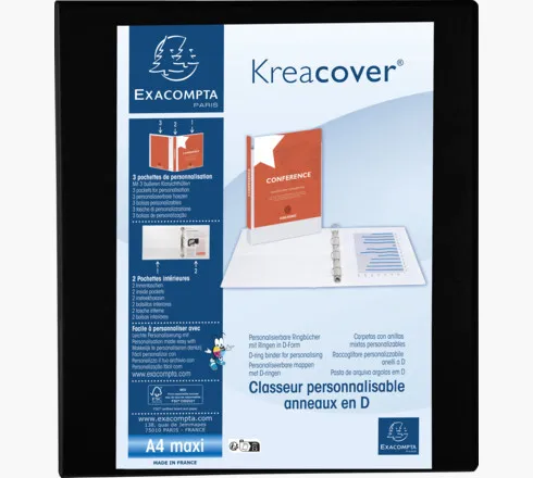 Exacompta Carpeta 4 Anillas Mixtas 40Mm Kreacover Forrada Pp A4+ Personalizable 3 Bolsos Exteriores Negro