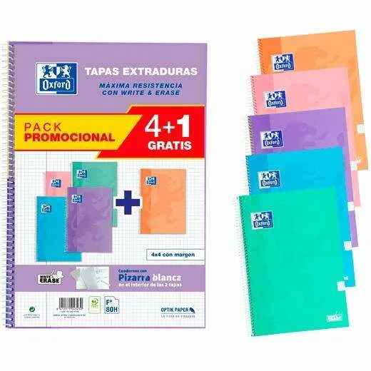 Oxford Cuaderno Espiral Write&Erase 80H Folio 4x4mm Con Margen Tapa Extradura Pack 4+1
