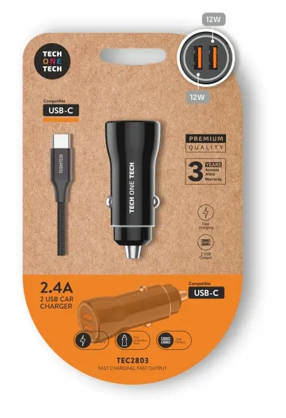 TechOneTech Cargador Doble de Coche con Cable USB-A a USB-C - Negro