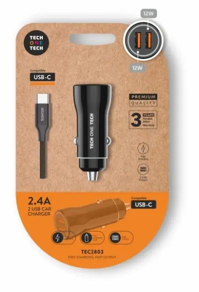 TechOneTech Cargador Doble de Coche con Cable USB-A a USB-C - Negro