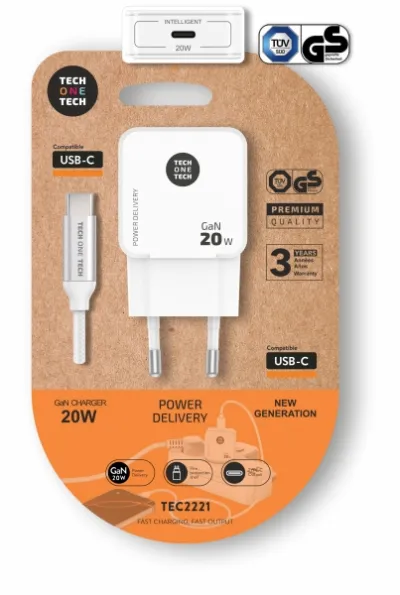 TechOneTech Cargador de Pared Ultrarrápido GaN 20W con Cable USB-C Blanco