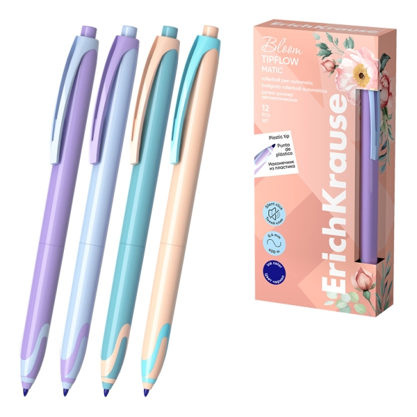 Erichkrause Bloom Tipflow Matic Pastel Boligrafo Retractil - Punta De Bola 0.5Mm - Trazo De 0.4Mm - Tinta Azul - Cuerpo En Colores Pastel
