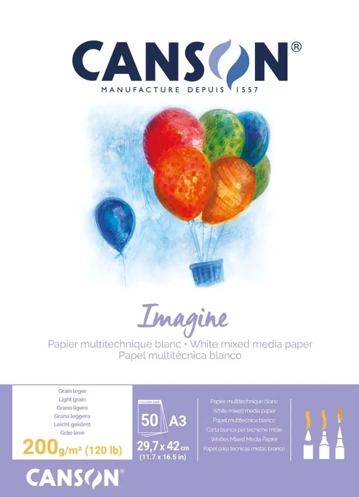 Canson Imagine Bloc Encolado 50 Hojas A3 200g Grano Fino Color Blanco 29.7x42cm