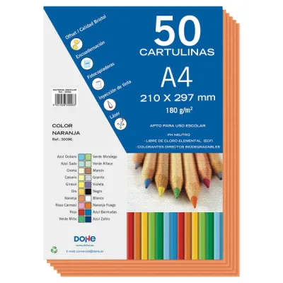 Dohe Pack de 50 Cartulinas A4 180gr PH Neutro Color Naranja Libres de Cloro