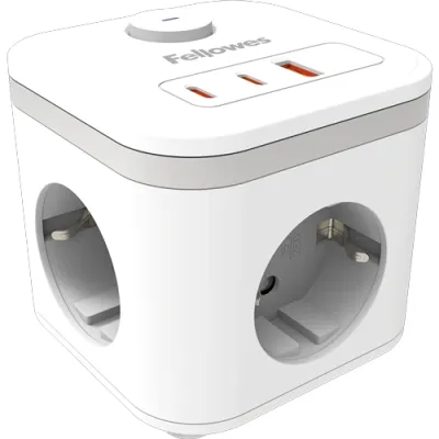 Fellowes Cubo Multienchufes de Sobremesa con 3 Tomas 230V + 2x USB-C 20W max. - 1x USB-A 18W max. - Cable de 2m - Interruptor On/Off - Color Blanco