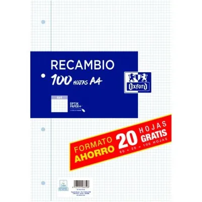 Oxford Recambio Classic 80H + 20H Gratis A4 90g 4x4mm 4 Taladros