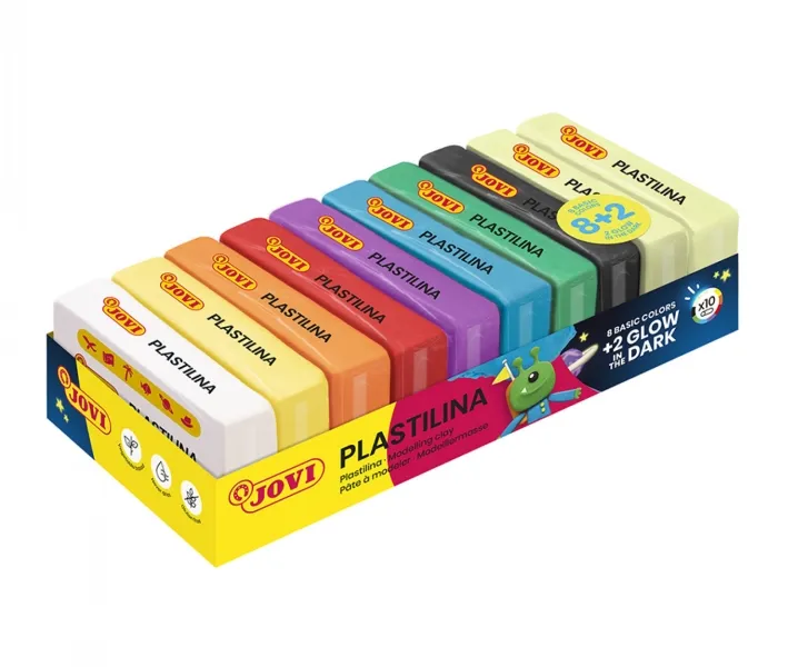 Jovi Bandeja Con 10 Pastillas De Plastilina 50Gr - 8 Colores Basicos + 2 Fluorescentes - Muy Moldeable - No Se Seca - Colores Surtidos