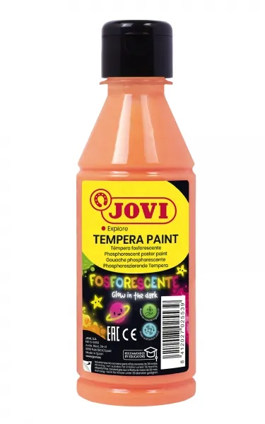 Jovi Tempera Paint Tempera Liquida Fosforescente 250Ml - Brilla En La Oscuridad - Secado Rapido - Excelente Adherencia - Lista Para Usar - Color Naranja
