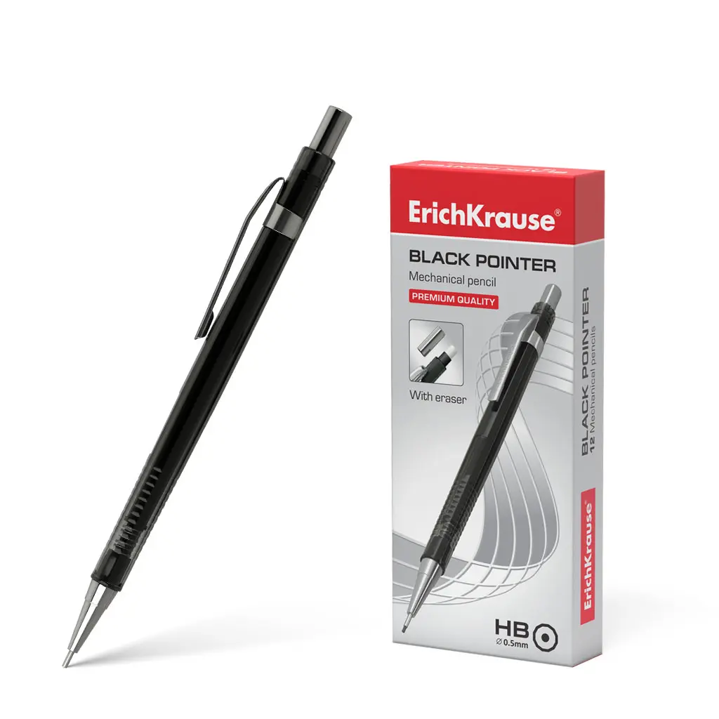 Erichkrause Portaminas Black Pointer 05 mm - Estilo Clasico con Detalles de Metal - Boquilla Retractil - Dureza HB - Minas de 05 mm - Color Negro