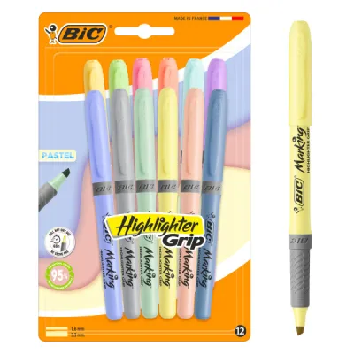 Bic Highlighter Grip Pack de 12 Marcadores Fluorescentes Pastel - Punta Biselada