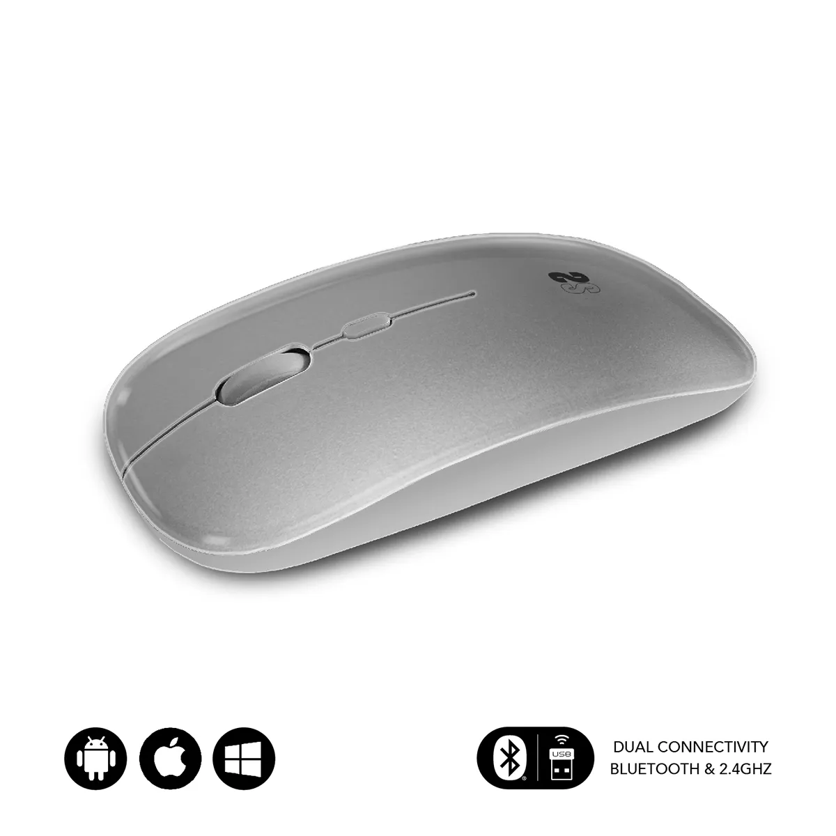 Subblim Ratón Dual Flat Mouse - Conexión Dual - Silent Click - Batería Recargable - Rueda de Silicona - Precisión 1600 DPI - Color Gris