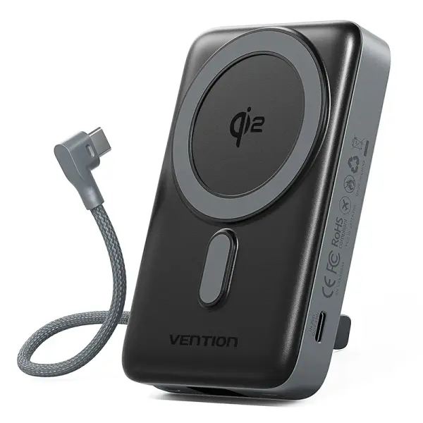 Vention Powerbank 10000mAh 25W USB-C Integrado Carga Inalámbrica Pantalla LED Gris