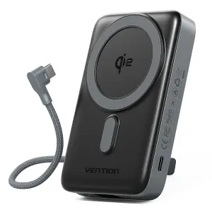 Vention Powerbank 10000mAh 25W USB-C Integrado Carga Inalámbrica Pantalla LED Gris