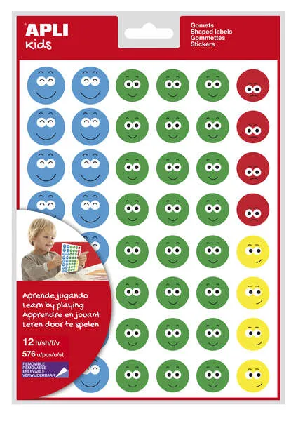 Apli Gomets Cara Feliz Ii - 576 Gomets Por Bolsa - 4 Estilos De Cara Diferentes - Motivan Y Premian A Los Niños - Enseñan A Expresar Sentimientos - Adhesivo Base Agua - Libre De Disolventes