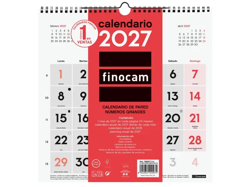 Finocam Calendario de Pared Anual 2027 Mes Vista 300x300mm Espiral Doble Rojo y Blanco