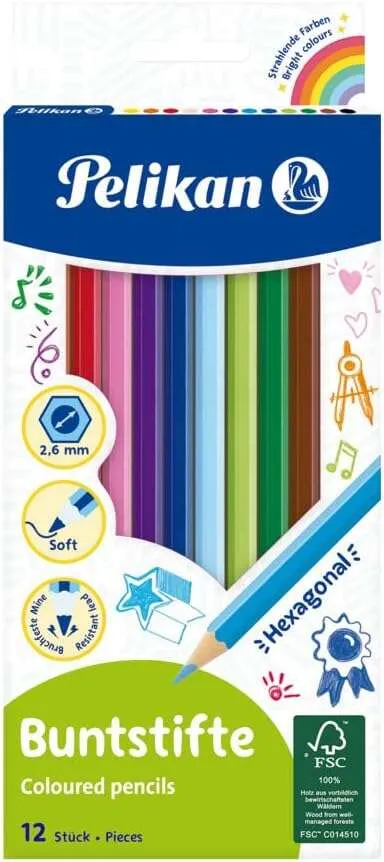 Pelikan Caja de 12 Lápices de Colores Hexagonales Lacados - Mina Antirotura - Certificación FSC