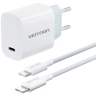 Vention Cargador De Pared - 30W - Cable De 1M Incluido - Chaqueta Trenzada De Algodon Y Tpe - Usb-C - Carga Rapida - Color Blanco