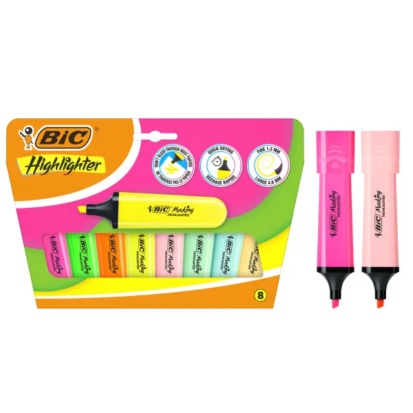 Bic Marking Highlighter Flat Pack De 8 Marcadores Fluorescentes - Punta Biselada - Trazo Entre 1.20 Y 4.60 Mm - Tinta Con Base De Agua - Color Surtidos Neon Y Pastel