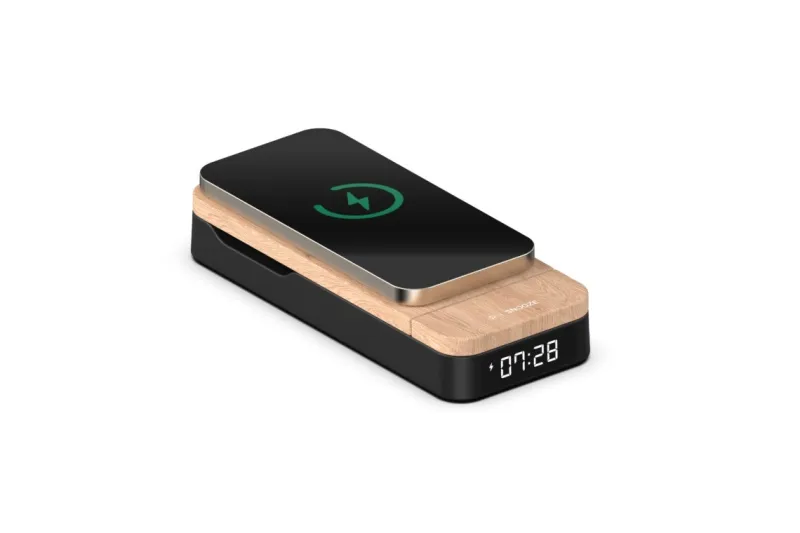 Thomson Reloj Despertador Plegable 3 En 1 - Cargadores Induccion Compatibles Con Android Y Apple - Cargador Usb-C - Brillo Ajustable - Color Madera Y Negro