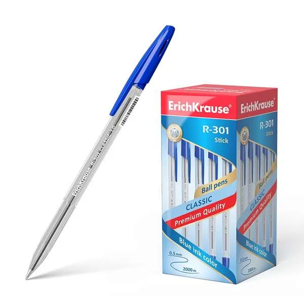 Erichkrause R-301 Boligrafo De Bola Punta 1.0Mm - Trazo 0.5Mm - Tinta De Secado Rapido - Cuerpo Transparente - Capuchon Ventilado - Color Azul