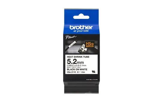 Brother Hse211E Cinta Tubo Termorretractil Original De Etiquetas Para Cables - Texto Negro Sobre Fondo Blanco - Ancho 5.2Mm X 1.5 Metros - Cable Recomendado Ø 0.8Mm A 3.1Mm
