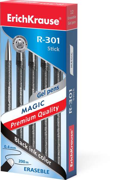 Erichkrause R-301 Magic Gel Boligrafo Borrable - Tinta Gel - Punta De 0.5Mm - Trazo De 0.4Mm - Cuerpo Semitransparente Con Efecto Brillante - Color Negro