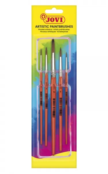 Jovi Artistic Paintbrushes Blister Con 5 Pinceles Redondos - Pelo Natural - Mango De Madera - Calibre 00 Al 12 - Punta Redonda - Pelo Suave - Color Varios