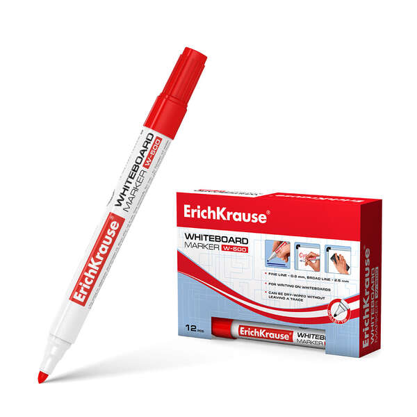Erichkrause W-500 Rotulador Para Pizarra Blanca - Punta En Forma De Bala - Trazo De 0.8 A 2.5Mm - Tinta A Base De Alcohol - Color Rojo