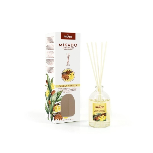 Prady Ambientador Mikado Canela Vanille - Frasco De Cristal 100 Ml Y Varitas Difusoras