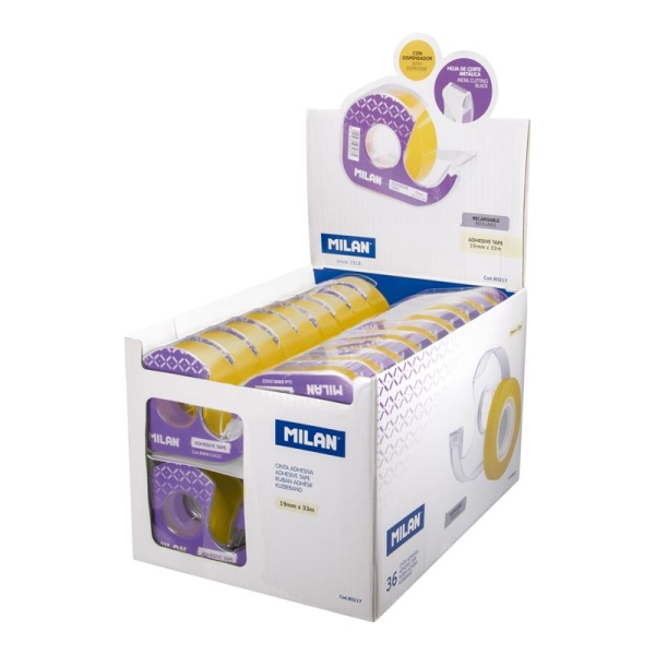 Milan Expositor De 36 Cintas Adhesivas Transparentes Con Dispensador - Medidas 19Mm X 33M - Color Amarillo Transparente