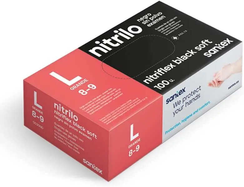 Santex Nitriflex Black Soft Pack De 100 Guantes De Nitrilo Para Examen Talla L - 3.5 Gramos - Sin Polvo - Libre De Latex - No Esteriles - Color Negro