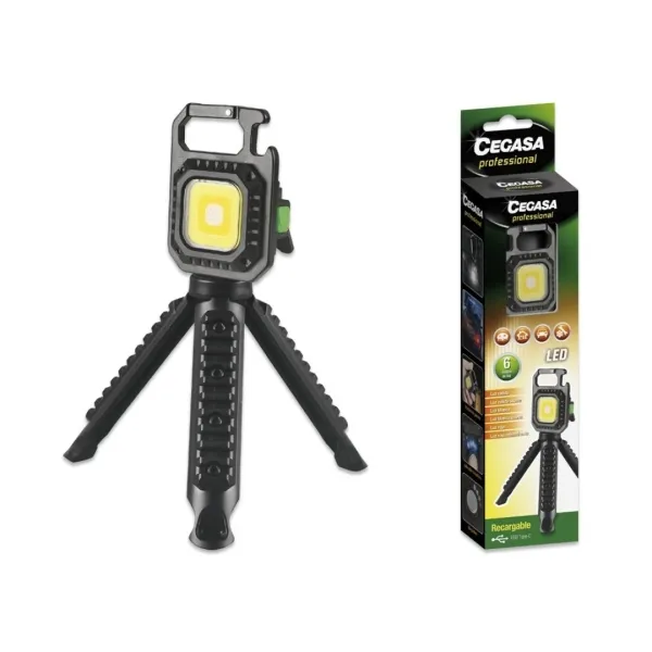 Cegasa Linterna Mini Profesional con Trípode COB 670lm - Luz Blanca, Amarilla, Roja y Flash - Batería Recargable USB-C - Color Negro