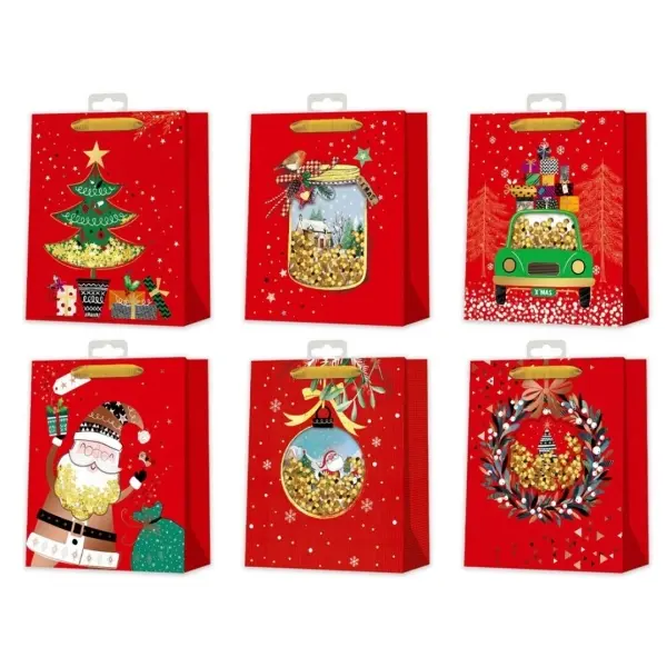 Bismark Bolsa de Papel Navidad Roja con Impresión Foil y Confetti - 6 Diseños