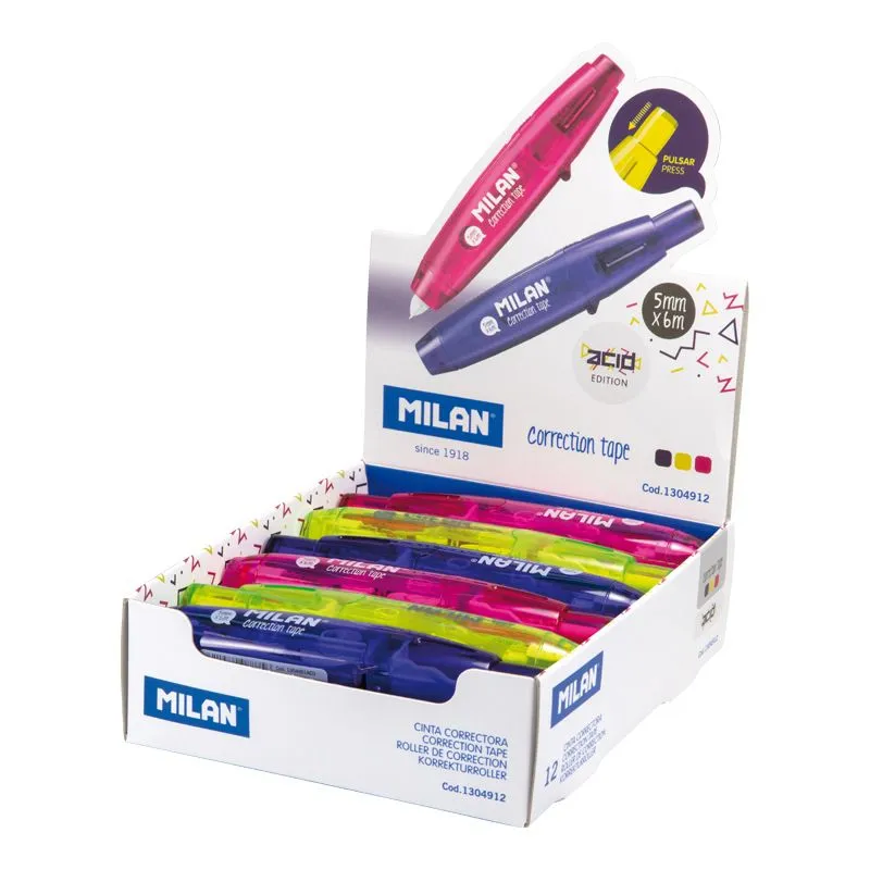 Milan Expositor Con 12 Cintas Correctoras 5mm x 6m - Colores Surtidos