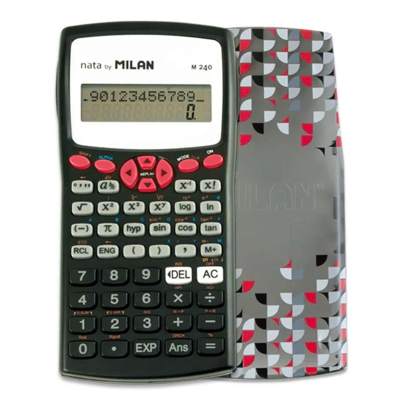 Milan M240 Calculadora Cientifica 10+2 Digitos - Pantalla De 2 Lineas - 240 Funciones Integradas Incluyendo 124 Cientificas - Carcasa Protectora Estampada - Color Negro/Blanco/Rojo/Gris