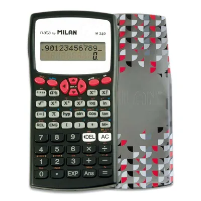 Milan M240 Calculadora Cientifica 10+2 Digitos - Pantalla De 2 Lineas - 240 Funciones Integradas Incluyendo 124 Cientificas - Carcasa Protectora Estampada - Color Negro/Blanco/Rojo/Gris