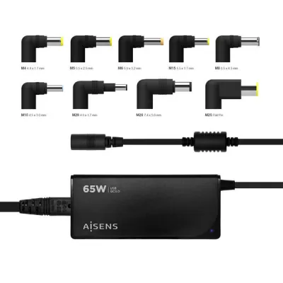 Aisens Cargador Universal Multitensión 65W Automático con 9 Conectores y USB-A QC.3.0