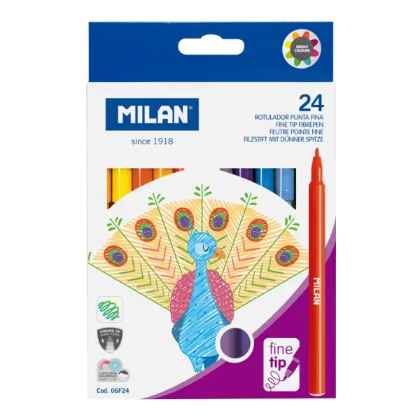 Milan Pack de 24 Rotuladores Punta Fina 2mm Tinta al Agua Colores Surtidos