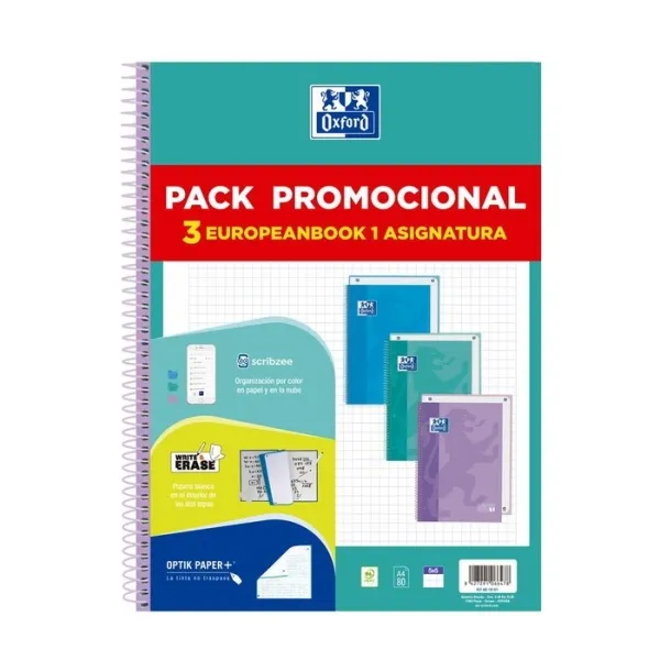 Oxford Cuaderno Europeanbook 1 Touch Write & Erase 80H A4 5x5 T/Extradura Pack 3 Ud