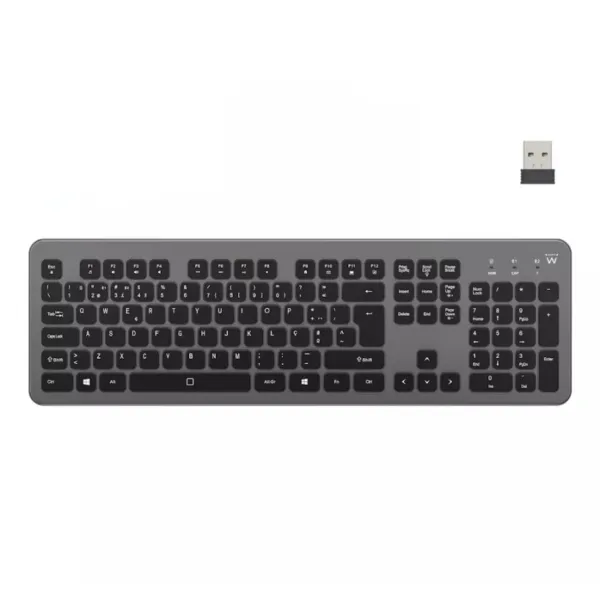 Ewent Teclado Inalambrico - Bateria De Litio Recargable De 300Mah - Disposicion Portuguesa Qwerty Pt - Retroiluminacion - Teclas De Bajo Perfil Y Silenciosas - Color Negro/Gris