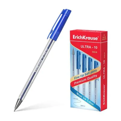 ErichKrause Bolígrafo Ultra-10 Punta Metálica Aguja Cuerpo Hexagonal Transparente Tinta Baja Viscosidad Azul