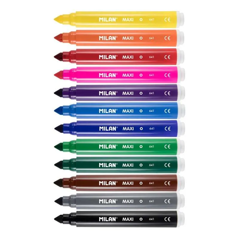 Milan Pack de 12 Rotuladores Maxi Punta Cónica 7.5mm Tinta Lavable Colores Surtidos