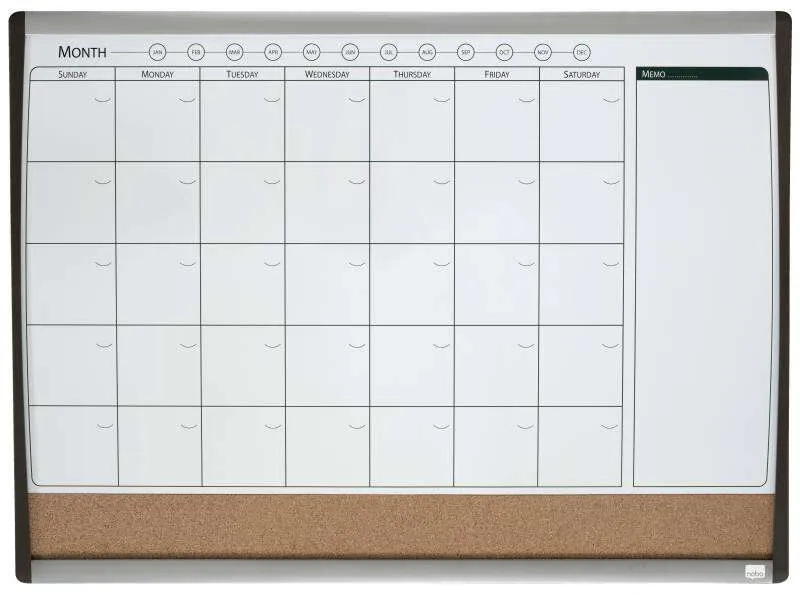 Nobo Planificador Pizarra Magnetica Pequeña con Tablero de Anuncios de Corcho 585x430mm - Semanal y Mensual - Marco Plateado y Negro - Incluye Rotulador